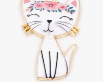 Enamel Cat Charm: Gold Plated, Pink Flowers