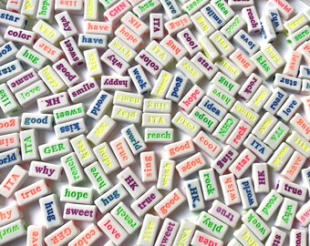 Assorted Word Beads: White Rectangle Beads with bright Colorful Letters