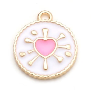 Herzanhänger Charm, runder weißer Emaille Charm mit rosa Herz, Liebesherz