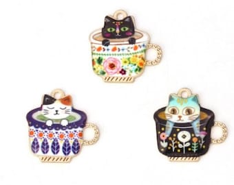 Enamel Cat in Teacup Charm: Gold Plated Alloy Pendant (23mm)