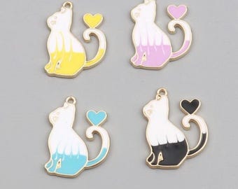 Enamel Cat Charm: Gold Plated Heart Tail Pendant (25x17mm)