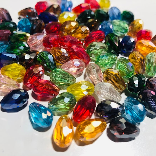 Glass faceted teardrop beads, drop beads 12x8mm in assorted colors in clear, opaque and coated styles