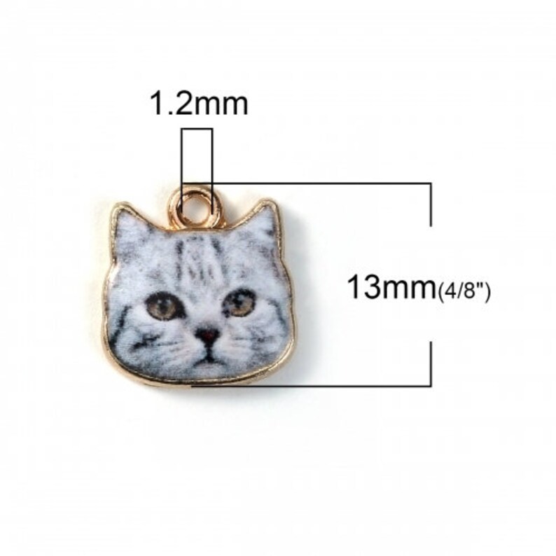 K&ouml;nnte beinhalten: Goldfarbener Anh&auml;nger mit einem grauen und wei&szlig;en Katzenkopf mit einem Durchmesser von 13 mm.