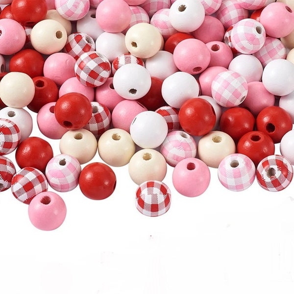 Mélange de perles vichy, mélange de perles assorties rouges et roses 16 mm, gros trou peint Perles en bois naturel, perles en macramé DIY