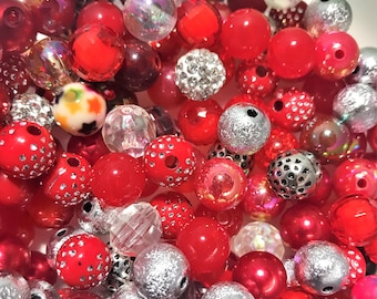 Red bubblegum bead mix,  10mm  acrylic assorted mix red silver theme Passion lot red mix acrylic bead soup