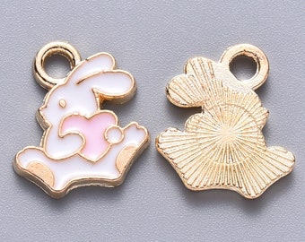 Weiß emaillierte Häschen Charms, rosa Herz Charms Emaille Kaninchen, kleine Charms mit Goldrücken