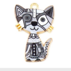 Gray Enamel Cat Charm: Geometric Gold Plated Pendant