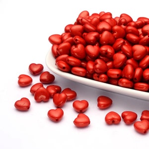 Red Heart beads,  fat puffed acrylic heart, solid color bead, 11mm for bracelet beads
