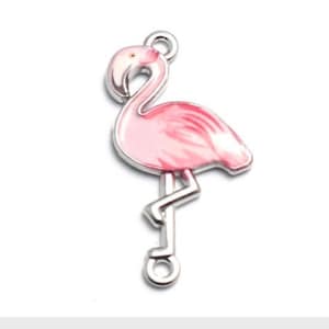 Pink flamingo charms, enamel charm, silver tone back, large pendant charm