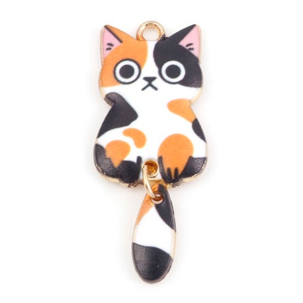 Orange and black charm, spotted charm cat with moveable tail dangle charm , enamel cat with big eyes gold plated back