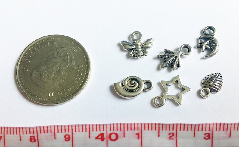 Puede incluir: Una colecci&oacute;n de siete abalorios de metal plateado, que incluyen una abeja, un caracol, una estrella, una hoja, una luna creciente con una estrella y dos dise&ntilde;os de hojas diferentes. Los abalorios miden aproximadamente 1 cm y se muestran junto a una moneda canadiense de un d&oacute;lar para la escala.