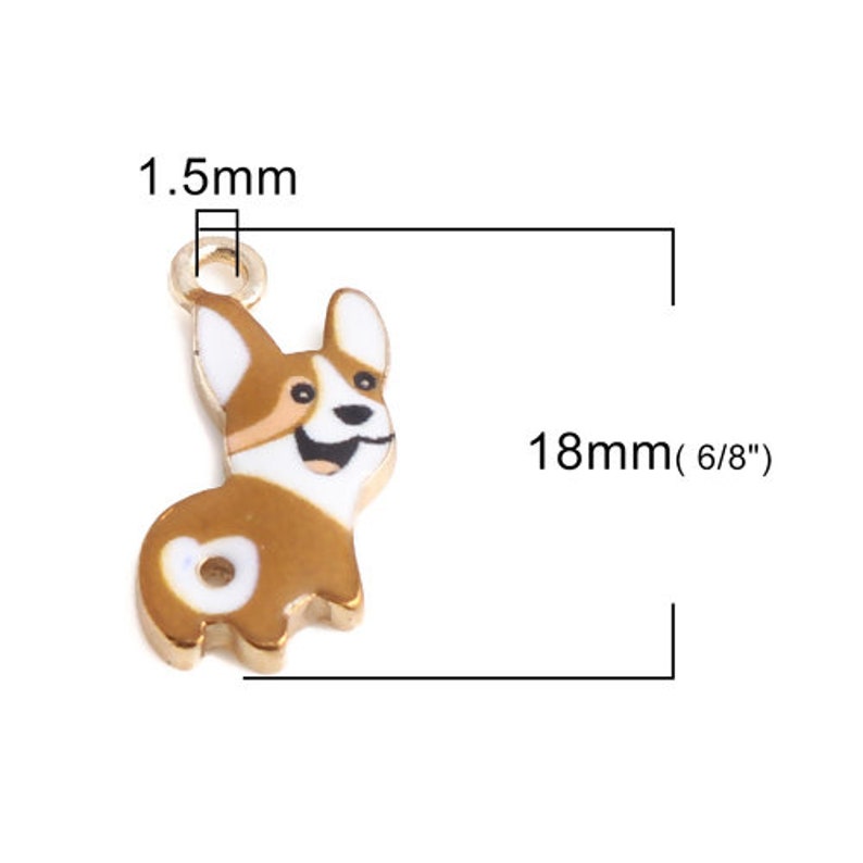 May include: Gold-tone metal charm featuring a cartoon corgi dog with brown and white fur. The charm is 18mm (6/8") long and 1.5mm wide.