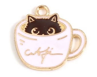 Dijes de gato en una taza, dije colgante de gato blanco, respaldos de aleación negra y dorada