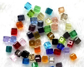 Cube faceted Crystal Glass , assorted square bead mix 6mm,  mixed colors