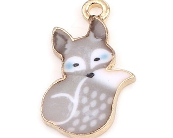 Fox charm, Grey enamel with white tipped tail and pattern, cottage core