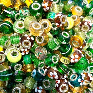 Glass beads European bulk mix, big hole beads in assorted greens and yellow shades