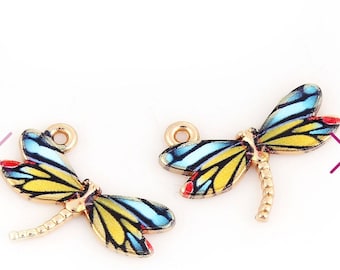 Dragonfly charms, multicolor enamel dragonflies with gold plated back