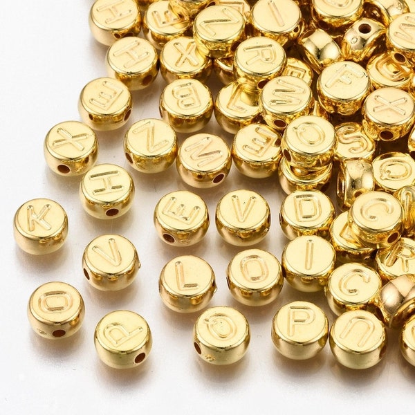 Perle alphabet dorée avec impression lettre métallique Perles rondes en acrylique de 7 mm, lettre au choix ou en vrac, pas d'impression de couleur sur les lettres