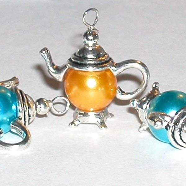 Silver Teapot Bead Cap, silver 3D charm with top and bottom, two piece sets