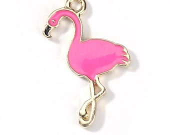 Pink flamingo charms, enamel charm gold plated back, large pendant charm