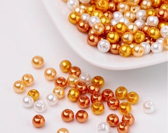 Gold theme Glass pearl  beads, 4mm pearlized glass beads, gold white and caramel pearl shades colored beads