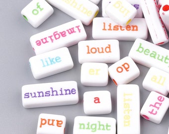 Inspirational Word Beads: White Rectangle Charms with Primary Color Letters