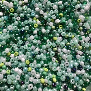 Green Seed Bead Mix, assorted colors and sizes glass bead mix, in green black and gray