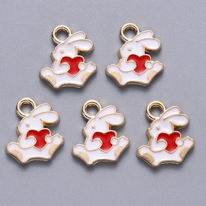 bunny charm,  white with red heart, white rabbit charm, tiny bunny charms