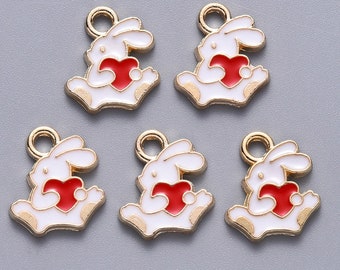 Tiny White Enamel Bunny Charm: Red Heart, Gold Tone (13.5mm)