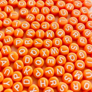 Orange Alphabet bead, with white  letter, 7mm round letter beads,  choose your letter or bulk beads, DIY bracelet gift for crafter