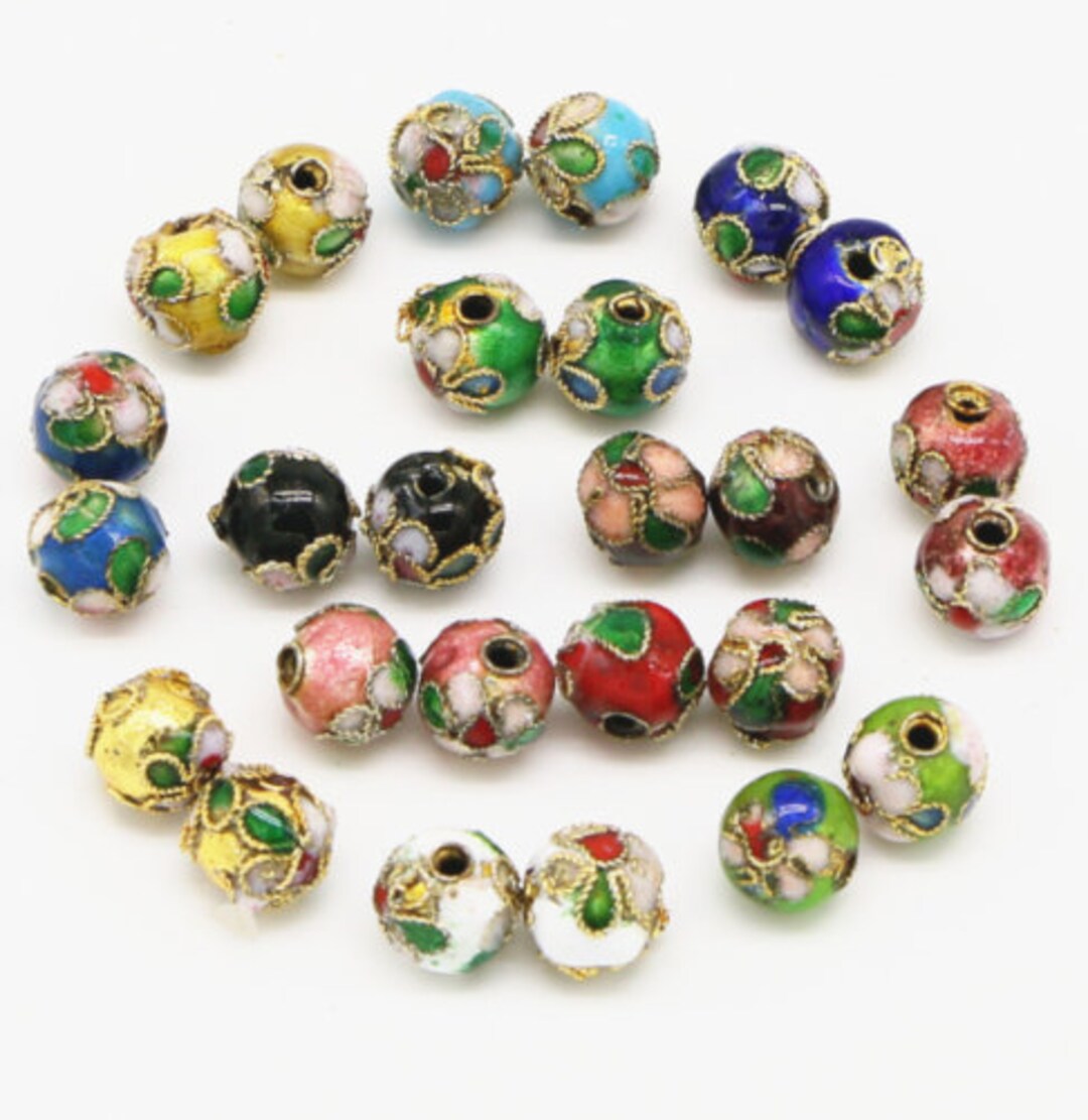 Cloisonné Enamel Beads , 8mm Metal Beads With Raised Pattern, Floral