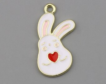White Enamel Bunny Charm: Rabbit with Red Heart Pendant