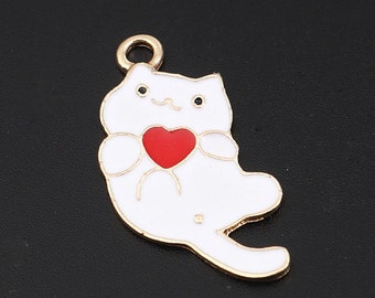 Enamel White Cat Charm: Heart Accent, Gold Back
