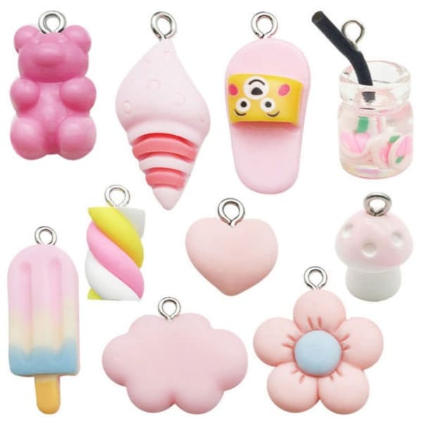 Pink mix (pale) mix resin charm set of 10 one of each shown 3D charm lot for pendants with bail attached, flower,  cloud