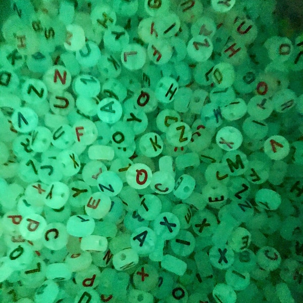 Glow in the dark alphabet letter beads , luminous letter beads 7mm round acrylic, single letter or bulk lots