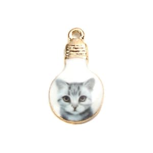 Gray cat in a bulb enamel charm pendant enamel cat gray with white background gold plated charm