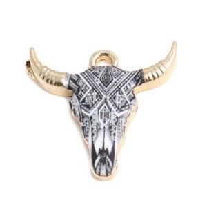 Enamel Cow Head Charm: Patterned Bull, Gold Plated (22mm)