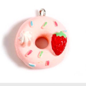 Donut charm, pink icing with strawberry, iced  doughnut with sprinkles, charm with pendant or keychain bail food charm