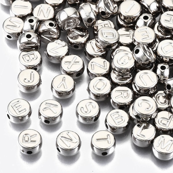 Silver alphabet bead, platinum acrylic,  IMPRINT letter,  Round 7mm bead platinum tone dark silver lightweight bead, gift for crafter