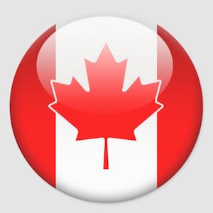 May include: A round button with a glossy finish features the Canadian flag. The flag is red and white with a large red maple leaf in the center.
