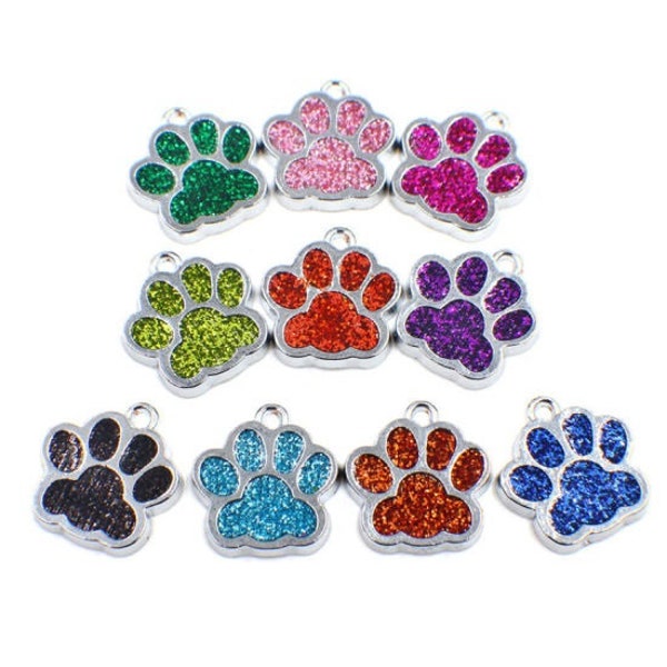 Paw print charms with glitter, mixed colors large charms 16mm with bright silver backs black blue red yellow pink green gift for crafter
