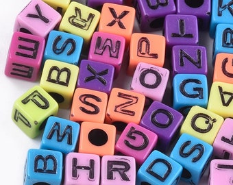 Square alphabet beads, assorted colors with black letters, 6mm beads with large hole