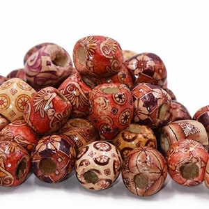 Mélange de grosses perles en macramé, Perle européenne en bois à gros trous à motifs 16 x 17 mm
