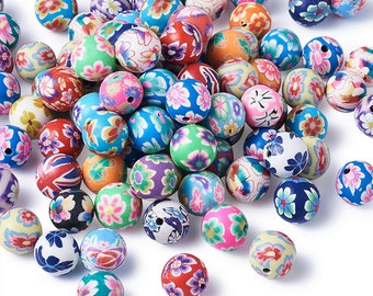 Polymer clay flowered 10mm bead, mixed colors, floral patterned  assorted colors style bead mix