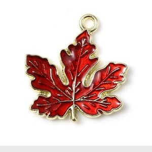 Red Enamel Maple Leaf Charm: Gold Plated Pendant (21x20mm)