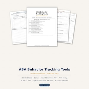 Puede incluir: Varios documentos de papel blanco con el título "ABA Behavior Tracking Tools" y el subtítulo "Professional Data Collection Pack". Los documentos incluyen hojas de datos y están diseñados para BCBAs, RBTs, profesores de educación especial y cuidadores de autismo.