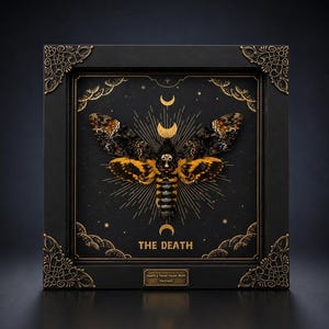 May include: A framed Death's Head Hawk Moth specimen displayed in a black shadow box with ornate gold corner accents. The moth features black, brown, and yellow patterns. The background includes gold celestial motifs and the text THE DEATH.