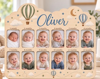 Personalized Baby First Year Photo Frame, Hot Air Balloon Monthly Milestone Board, First Birthday Decor, Custom Name Baby Keepsake