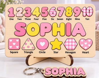 Personalized Wooden Name Puzzle, Montessori Numbers and Shapes Board, Custom Toddler Learning Toy, First Birthday Gift for Kids
