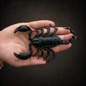 May include: A preserved black scorpion specimen featuring a segmented exoskeleton, two large pedipalp claws, eight jointed legs, and a curved tail ending in a stinger. The creature is displayed in a flat, outstretched position with a glossy finish.